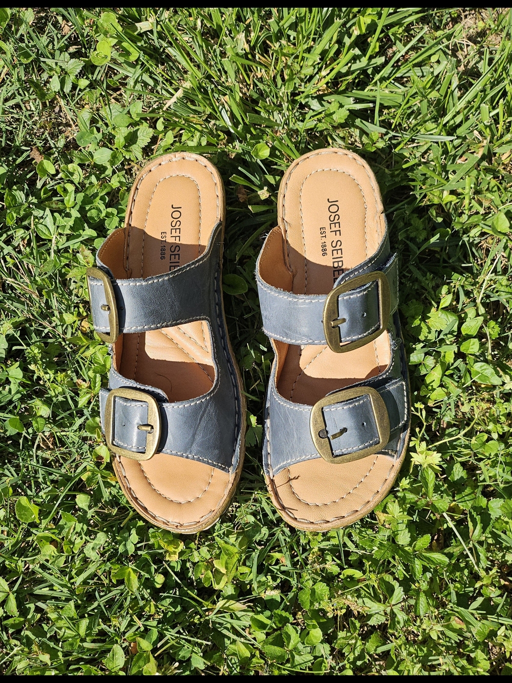 Josef Seibel  Blue Leather Double-Buckle/ Hook And Loop Sandals NIB size 6